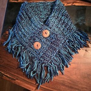 Blue and Teal Knit Scarf with Wooden Buttons